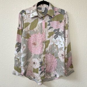 Joie Green & Pink Floral Print Button Down Long Sleeve Blouse Small